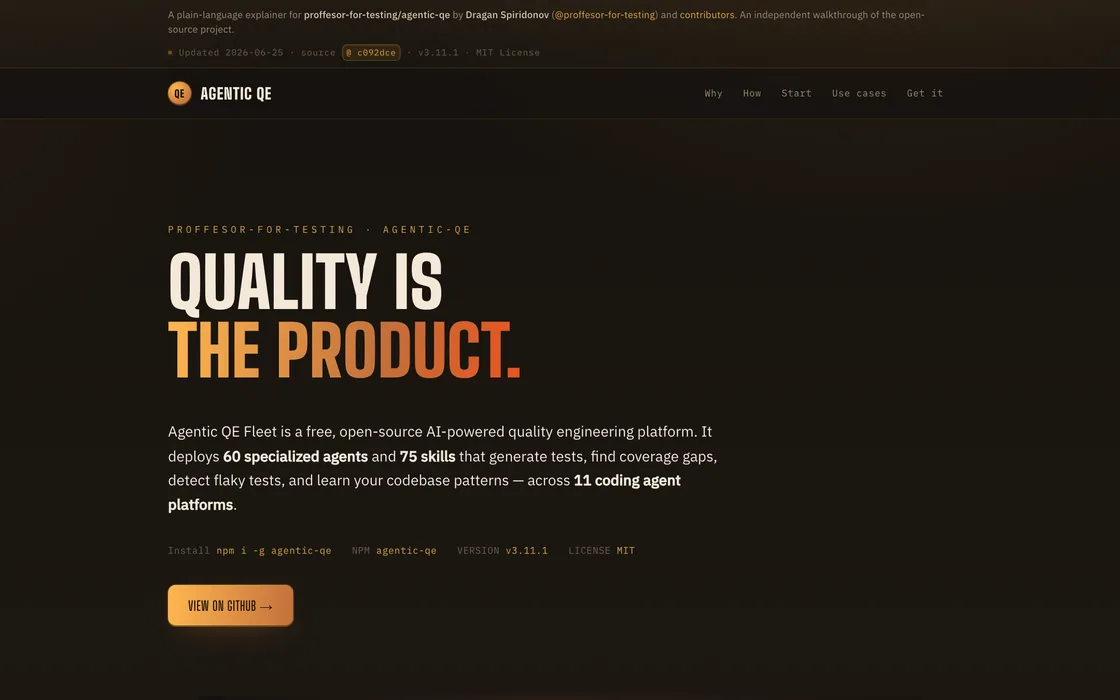 The Agentic QE explainer page: a teal-and-amber hero in bold condensed type, 'QUALITY IS THE PRODUCT.'
