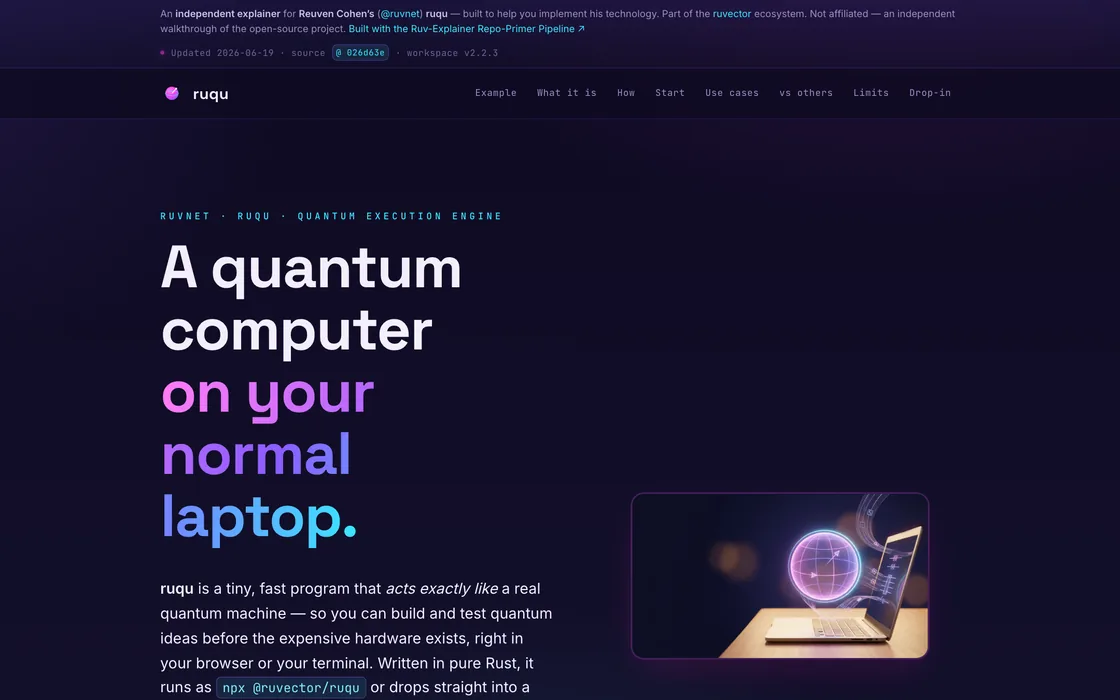 The ruqu explainer page: a violet hero, 'A quantum computer on your normal laptop', beside a glowing quantum orb resting on a laptop.