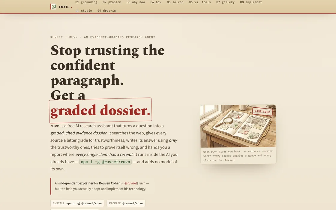 The ruvn explainer page: a completely different cream, editorial, serif theme reading 'Stop trusting the confident paragraph. Get a graded dossier', beside a hand-drawn case-file illustration.